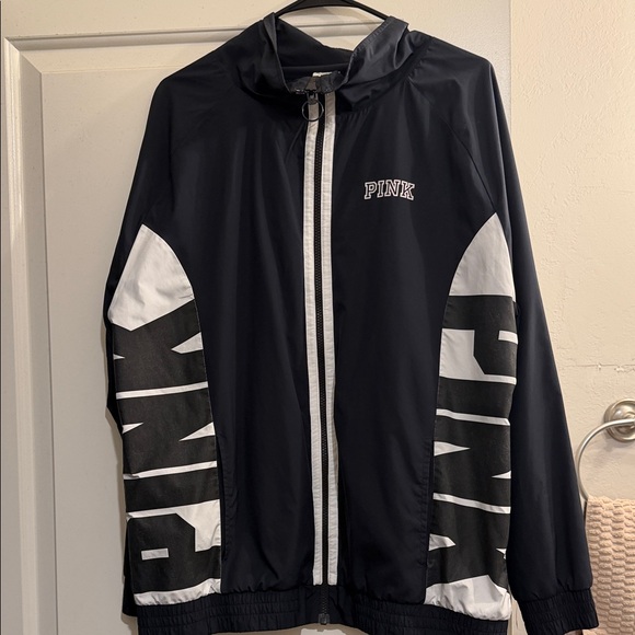 PINK Victoria's Secret Jackets & Blazers - PINK Victoria's Secret Women's Black & White Hooded Windbreaker Jacket